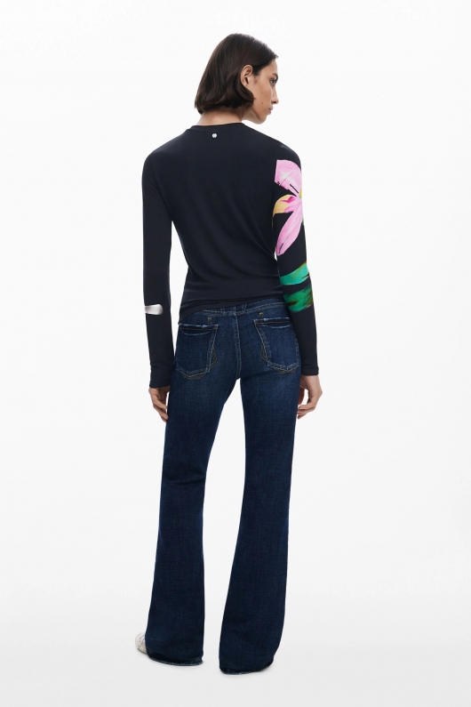 Bluză bleumarine cu print floral acuarelă long-sleeve
