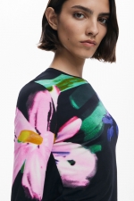 Bluză bleumarine cu print floral acuarelă long-sleeve