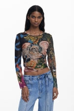 Bluză slim din șifon cu imprimeu oriental multicolor
