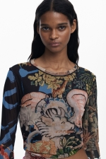 Bluză slim din șifon cu imprimeu oriental multicolor