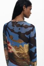 Bluză slim din șifon cu imprimeu oriental multicolor