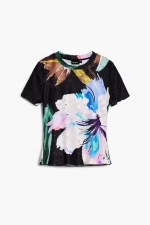 Tricou negru cu print floral multicolor