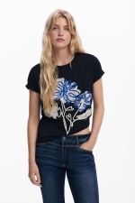 Tricou negru cu print și dantelă florală