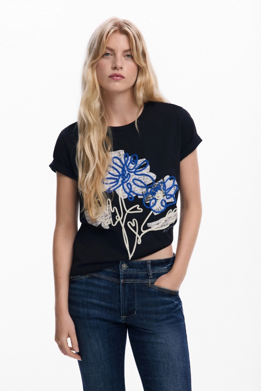 Tricou negru cu print și dantelă florală