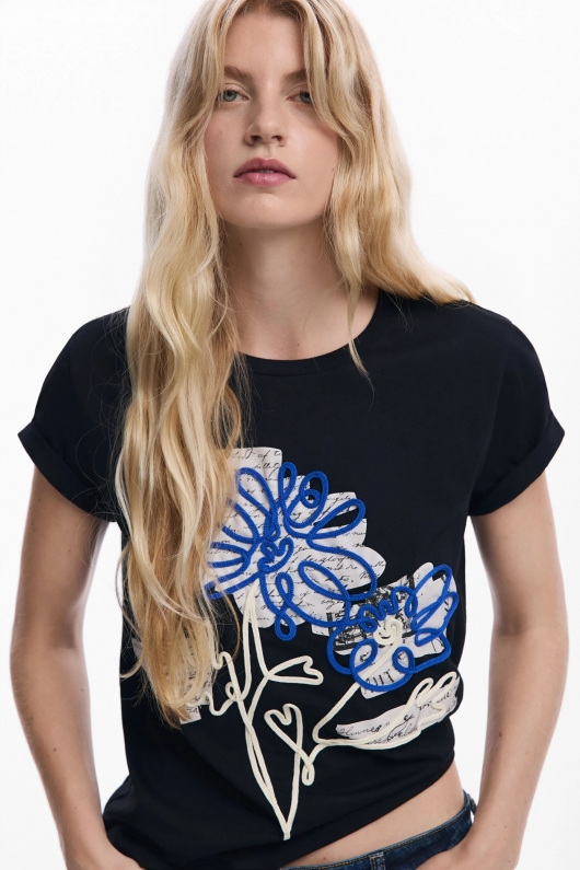 Tricou negru cu print și dantelă florală
