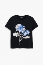 Tricou negru cu print și dantelă florală