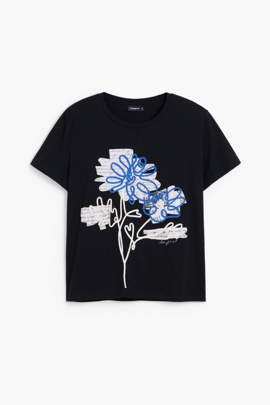 Tricou negru cu print și dantelă florală