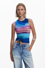 Top mulat scurt tie-dye cu drapaj și șnur