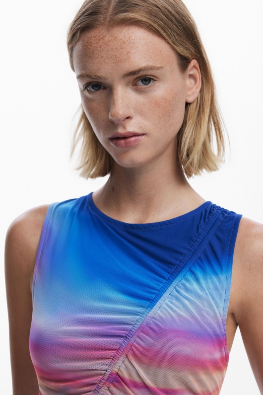 Top mulat scurt tie-dye cu drapaj și șnur