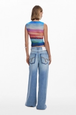 Top mulat scurt tie-dye cu drapaj și șnur