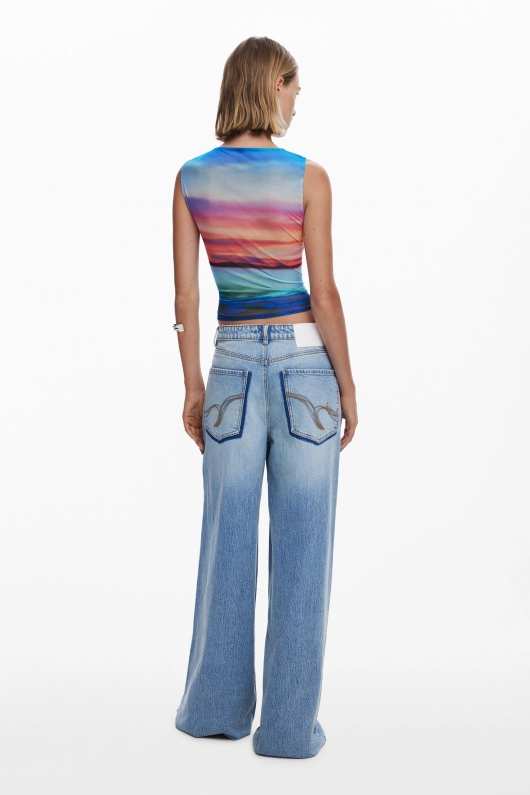 Top mulat scurt tie-dye cu drapaj și șnur