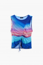 Top mulat scurt tie-dye cu drapaj și șnur
