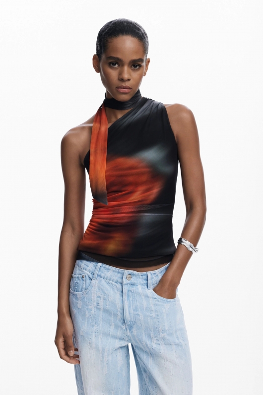 Top tie-dye roz-vișiniu din tull, asimetric