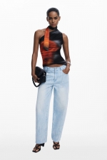 Top tie-dye roz-vișiniu din tull, asimetric