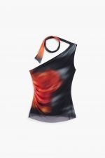 Top tie-dye roz-vișiniu din tull, asimetric