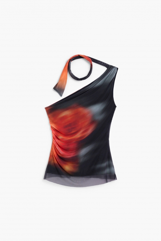 Top tie-dye roz-vișiniu din tull, asimetric