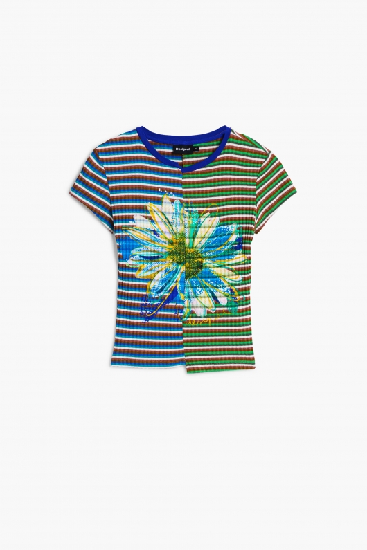 Tricou cropped reiat cu dungi și floare frontală