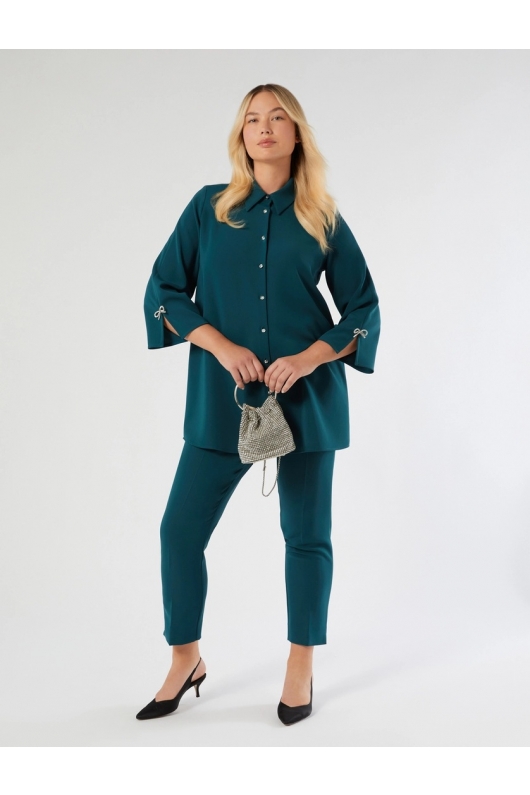 Pantaloni verde smarald slim-fit din cady
