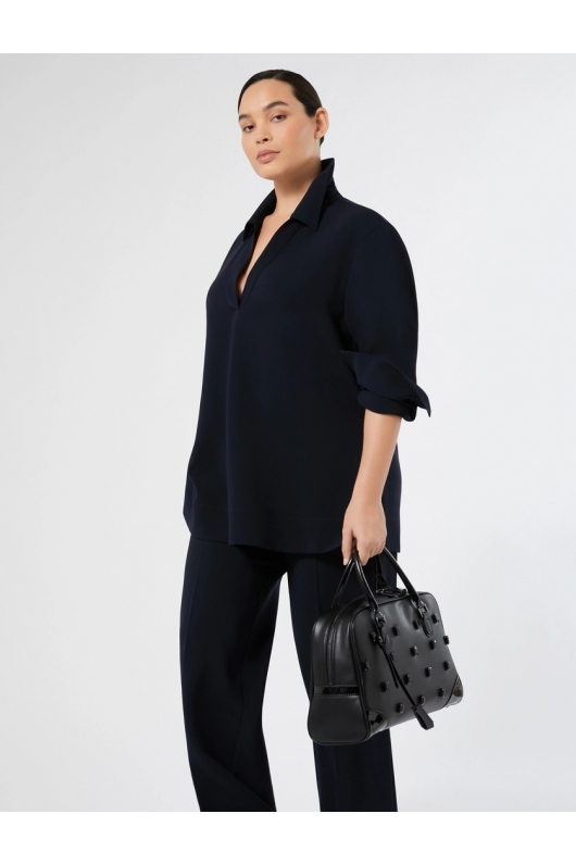 Pantaloni bleumarin straight din cady fluid