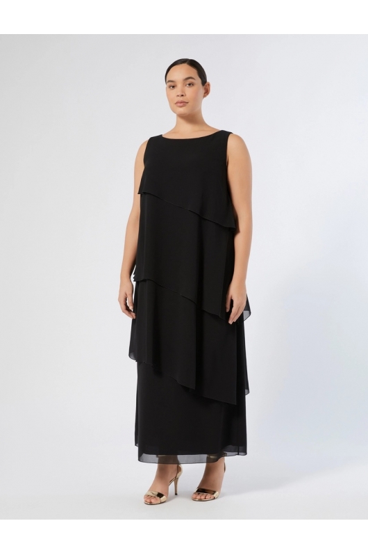Rochie lungă neagră din georgette cu volane