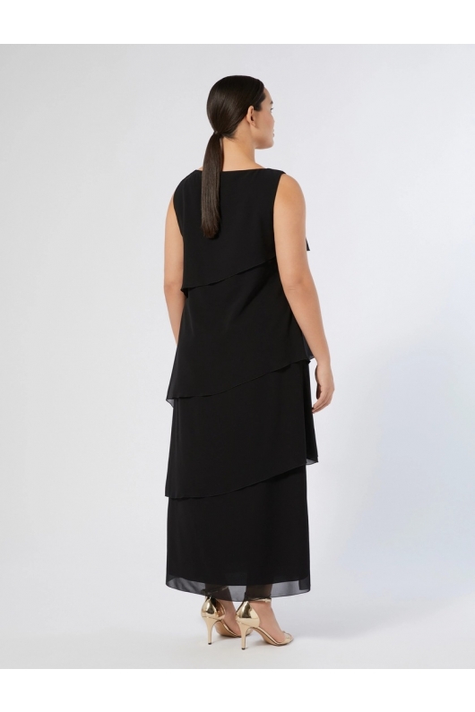 Rochie lungă neagră din georgette cu volane