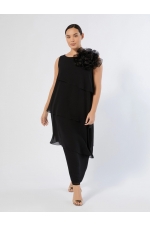 Rochie lungă neagră din georgette cu volane