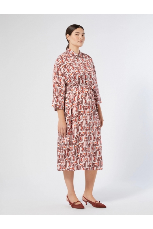 Rochie cămașă midi cu print geometric bleumarin-bej
