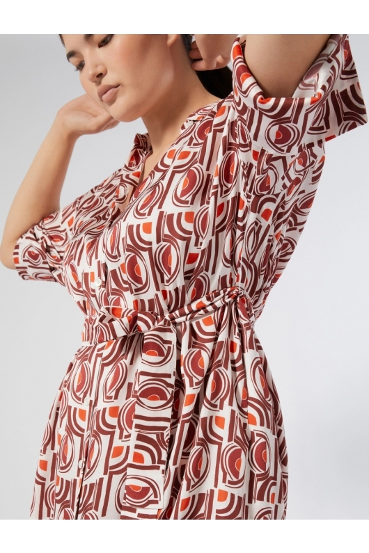 Rochie cămașă midi cu print geometric bleumarin-bej