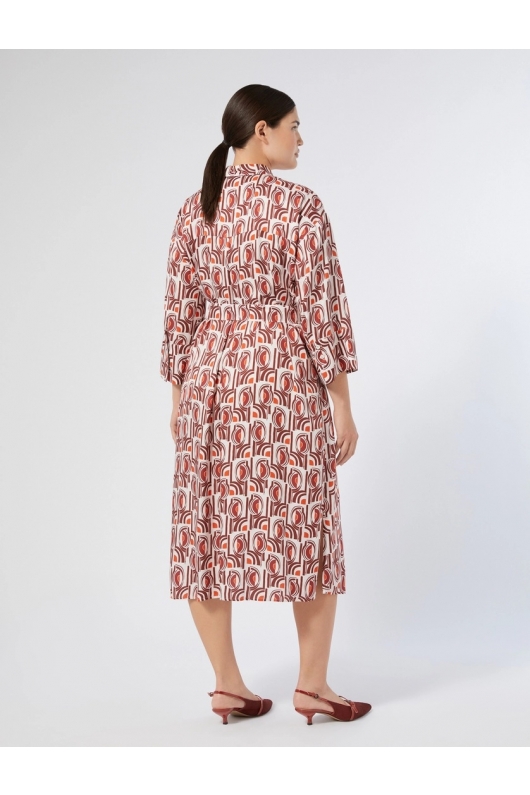Rochie cămașă midi cu print geometric bleumarin-bej