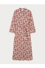 Rochie cămașă midi cu print geometric bleumarin-bej