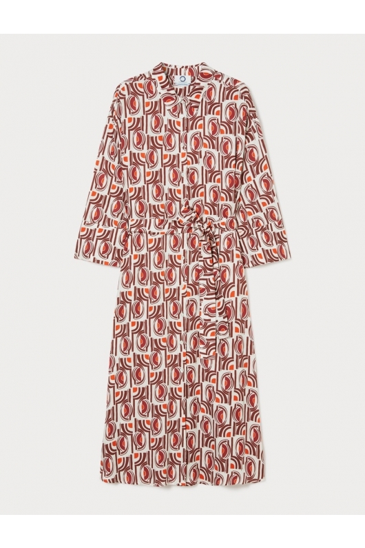 Rochie cămașă midi cu print geometric bleumarin-bej