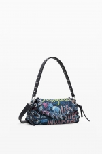 Geantă baguette denim cu print graffiti multicolor