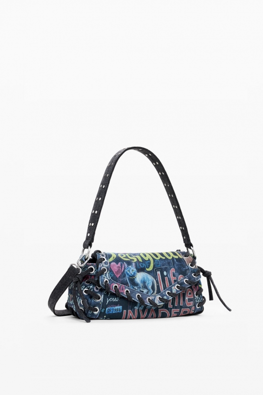 Geantă baguette denim cu print graffiti multicolor