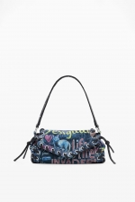 Geantă baguette denim cu print graffiti multicolor