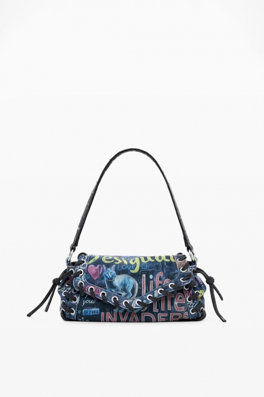 Geantă baguette denim cu print graffiti multicolor