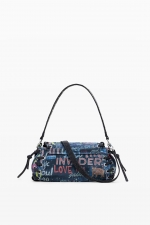 Geantă baguette denim cu print graffiti multicolor