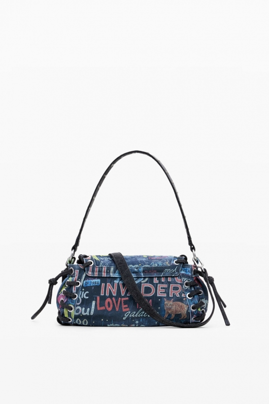 Geantă baguette denim cu print graffiti multicolor
