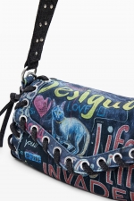 Geantă baguette denim cu print graffiti multicolor