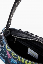 Geantă baguette denim cu print graffiti multicolor