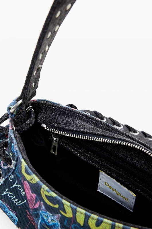Geantă baguette denim cu print graffiti multicolor
