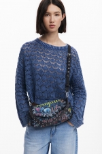 Geantă baguette denim cu print graffiti multicolor