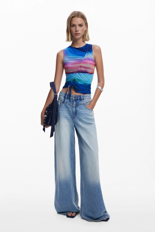 Pantaloni wide leg denim deschis, talie înaltă