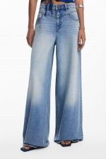 Pantaloni wide leg denim deschis, talie înaltă