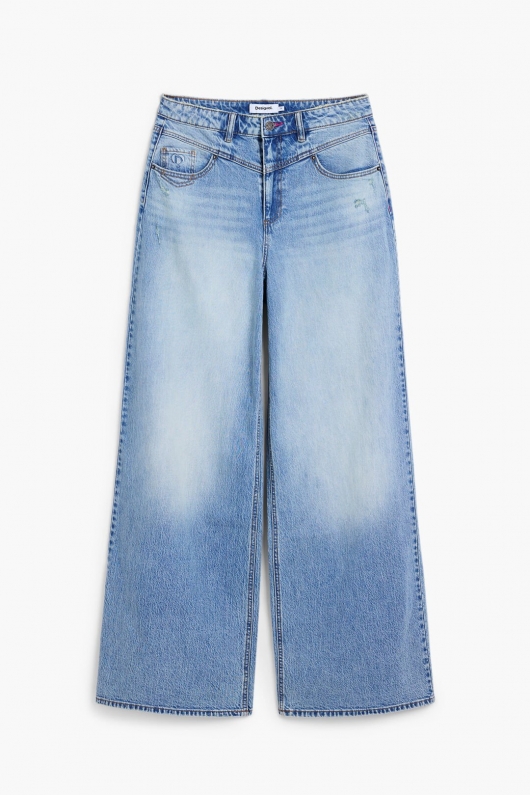 Pantaloni wide leg denim deschis, talie înaltă