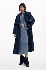 Trench denim degrade albastru-mov, midi, cu curea