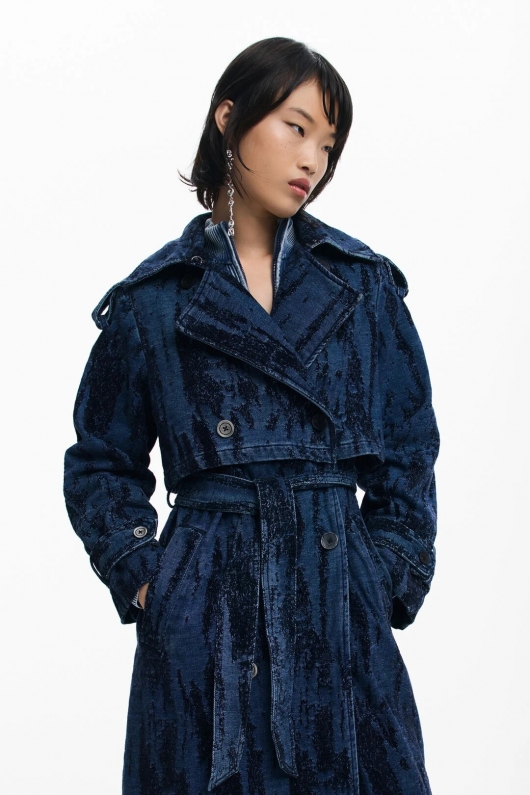 Trench denim degrade albastru-mov, midi, cu curea