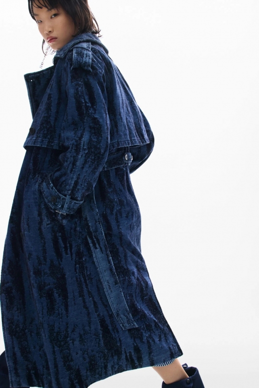 Trench denim degrade albastru-mov, midi, cu curea