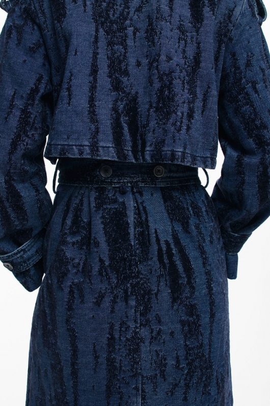 Trench denim degrade albastru-mov, midi, cu curea