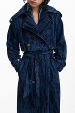 Trench denim degrade albastru-mov, midi, cu curea