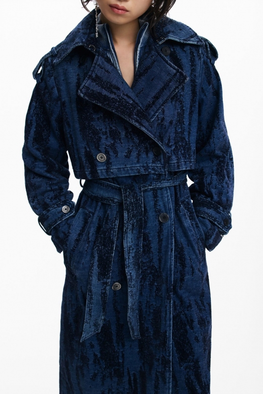 Trench denim degrade albastru-mov, midi, cu curea